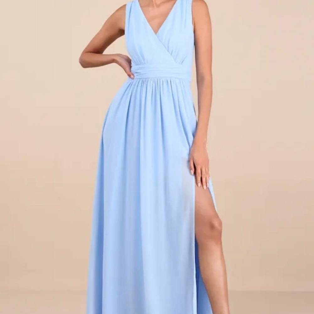 Lulu's Blue Thoughts of Hue Surplice Maxi DRESS for Weddings